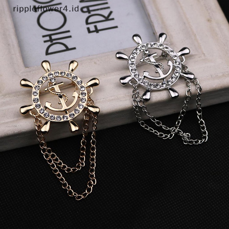 {rippleflower4.id} 1pc Rumbai Kemudi Bros Perempuan Pria Berlian Imitasi Navy Korsase Perahu Jangkar Pin Jas Boutonniere Lencana Bros~