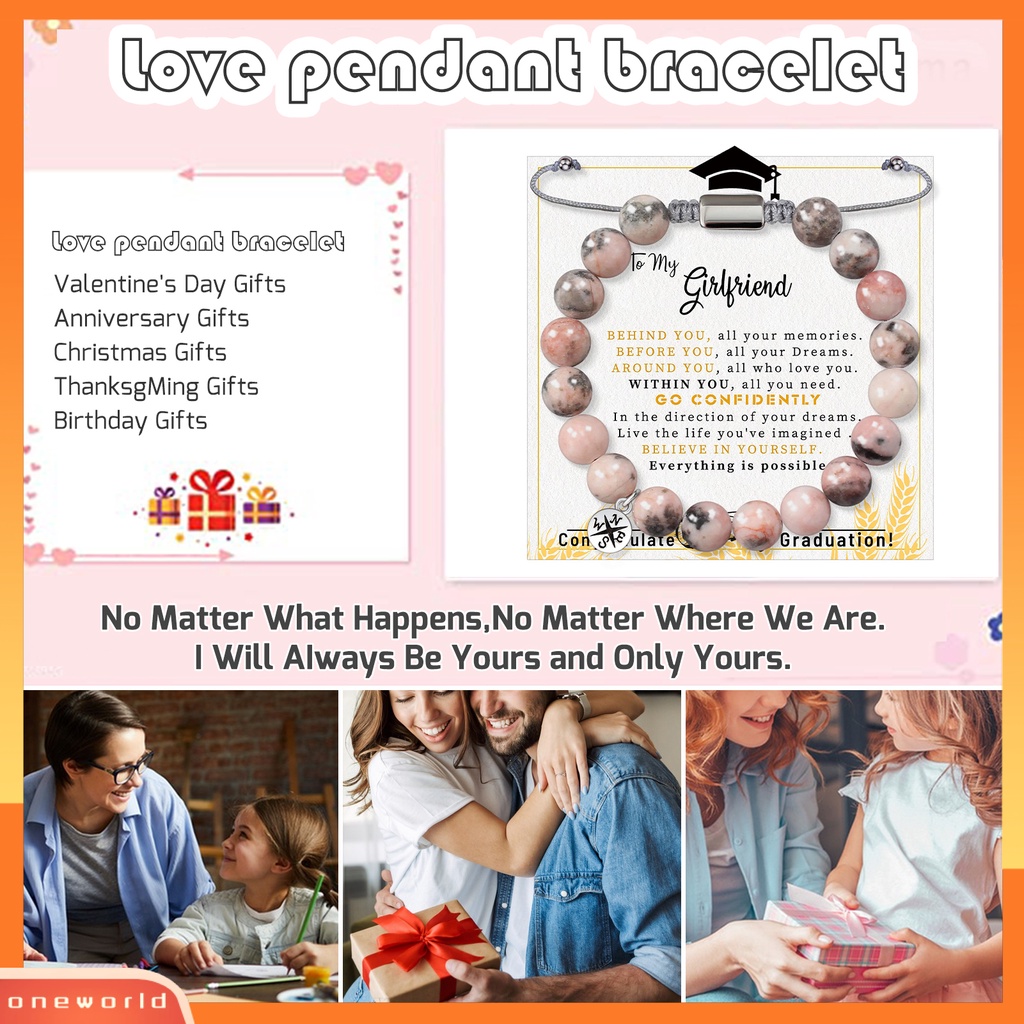 [ONE] 8mm Pink Beads Gelang Dengan Kartu Inspiratif Dapat Disesuaikan Putri Gadis Batu Alam Manik-Manik Bulat Gelang Musim Wisuda Hadiah