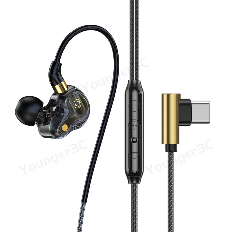 90° Tipe C/3.5mm Quad Core Dual Dynamic Earphone In Ear Wired Earphones Esports Game Earbuds Headset Olahraga Dengan Mic