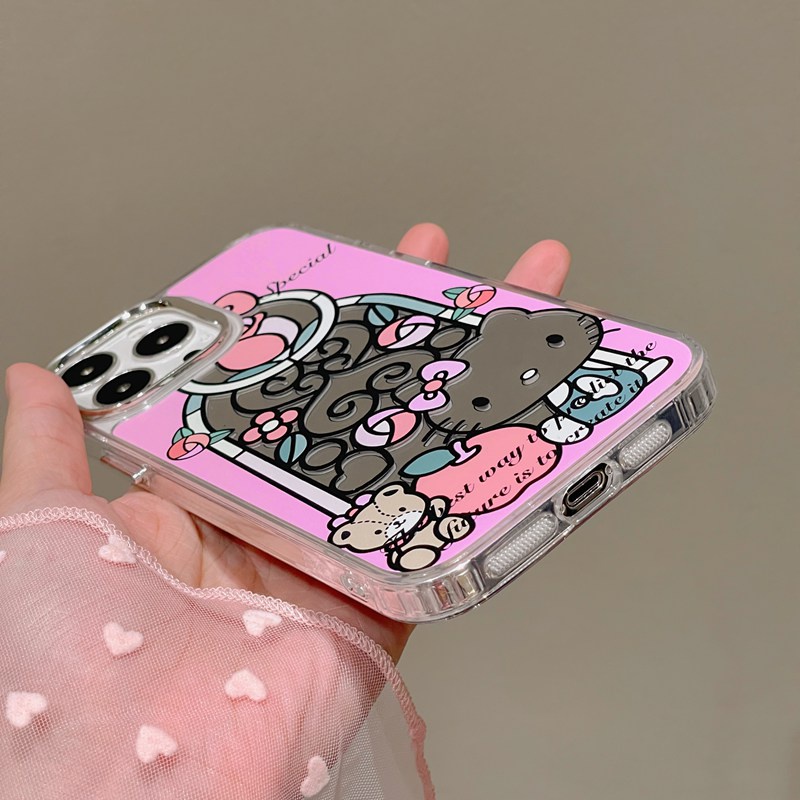 Fashion Silver Special Rose Hello Kitty Mirror Soft TPU Case iP iPhone 11 12 13 14 Pro Max New Woman Girl FTD Casing Apple