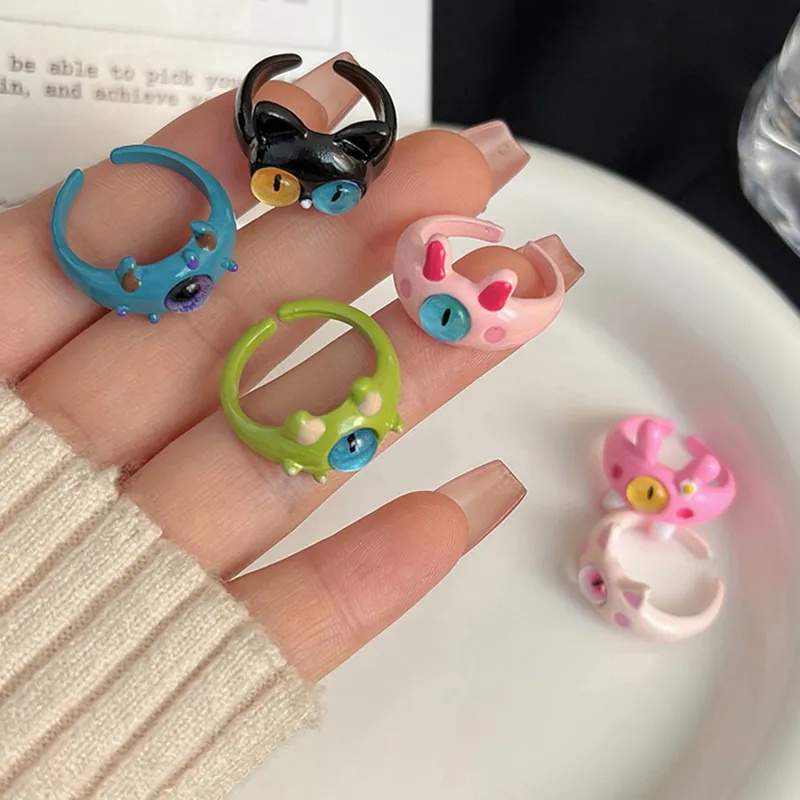 Cincin Jari Wanita Anak Kucing Kartun Lucu/ Murid Yang Berbeda Cincin Pembukaan Monster Kecil Yang Lucu/ Aksesoris Kepribadian Fashion Lolita Yang Dapat Disesuaikan