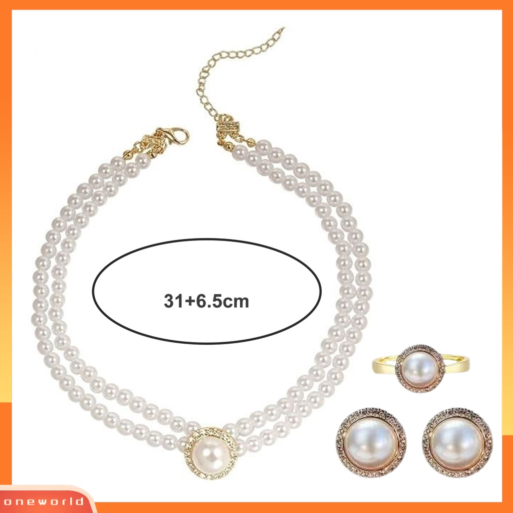 [WOD] 1set Kalung Pengantin Gaya Perancis Vintage Temperamen Double Layer Hadiah Elegan Hypoallergenic High Gloss Mutiara Imitasi Anting Cincin Perhiasan Pernikahan