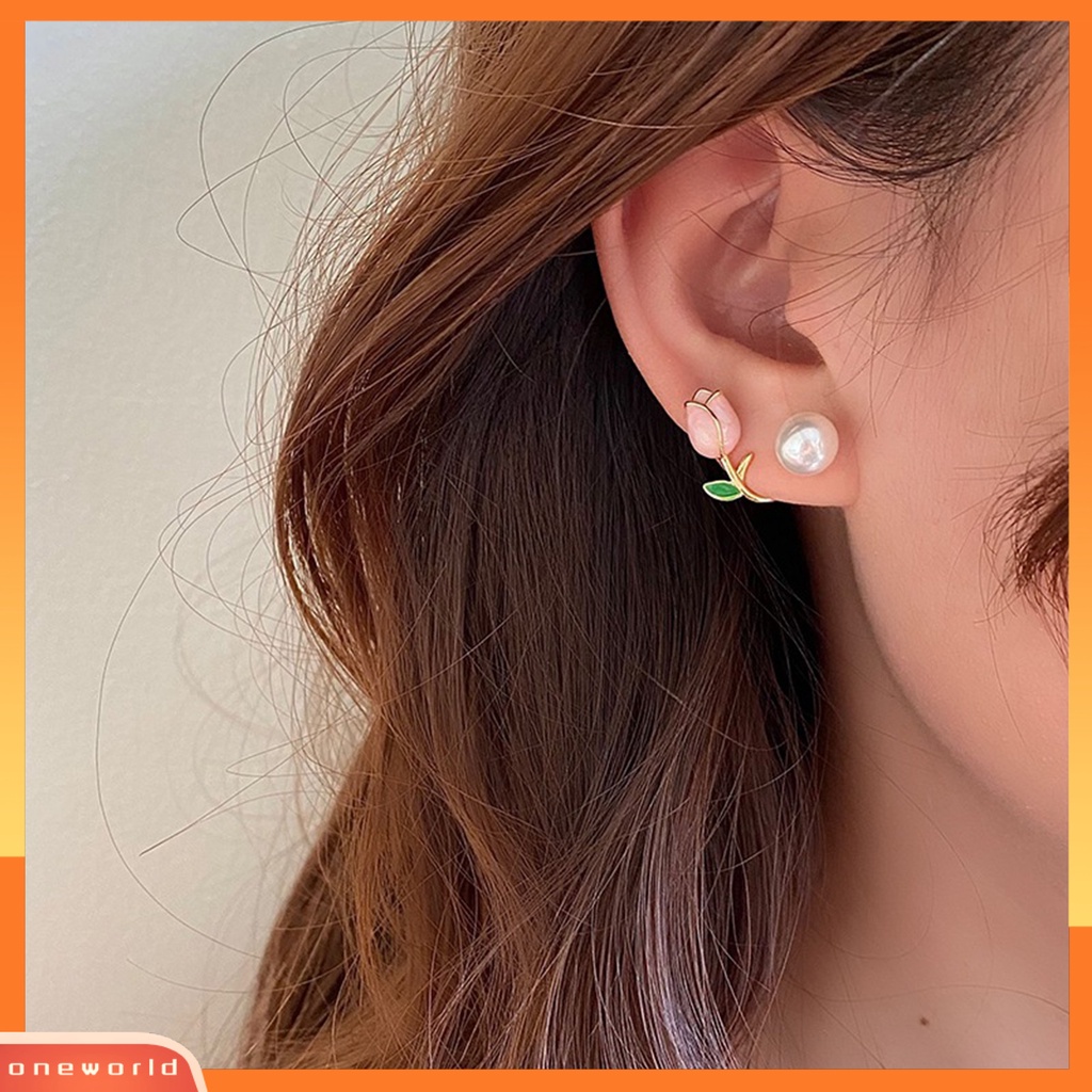 [WOD] 1pasang Anting Wanita Permukaan Halus Fashion Stainless Anti Karat Warna Kontras Hias Telinga Mutiara Imitasi Bunga Tulip Stud Earrings Aksesoris Wanita