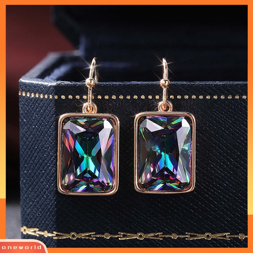 [WOD] 1pasang Shiny Luxury Drop Earrings Copper Multicolor Cubic Zirconia Anting Kait Perhiasan Pesta