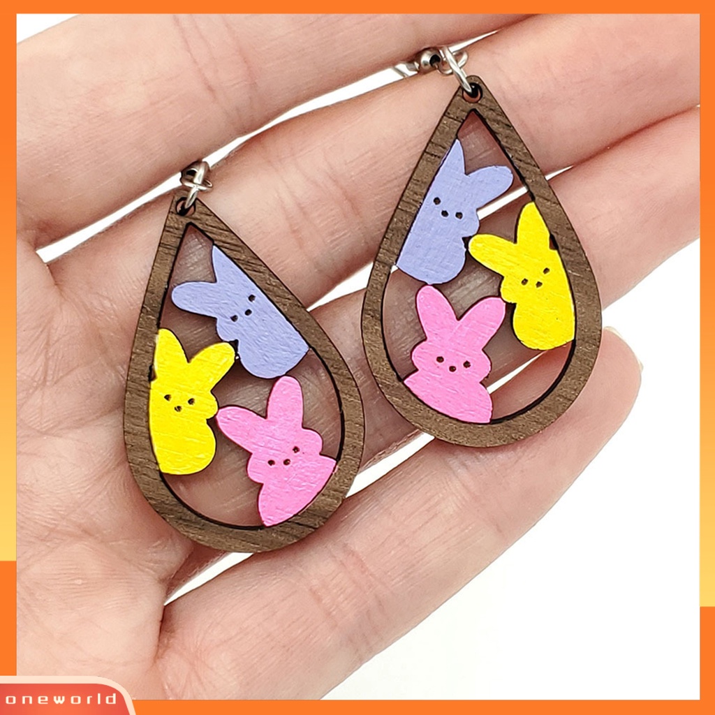 [WOD] 1pasang Anting Kait Tetesan Air Berbentuk Hollow Kayu Hadiah Fashion Perhiasan Warna-Warni Kelinci Rabbit Menjuntai Anting Untuk Paskah