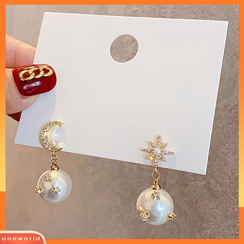 [WOD] 1pasang Anting Menjuntai Shiny Asymmetric Ear Decoration Gaya Korea Anting Temperamen Mutiara Imitasi Bintang Dan Bulan Untuk Pacaran