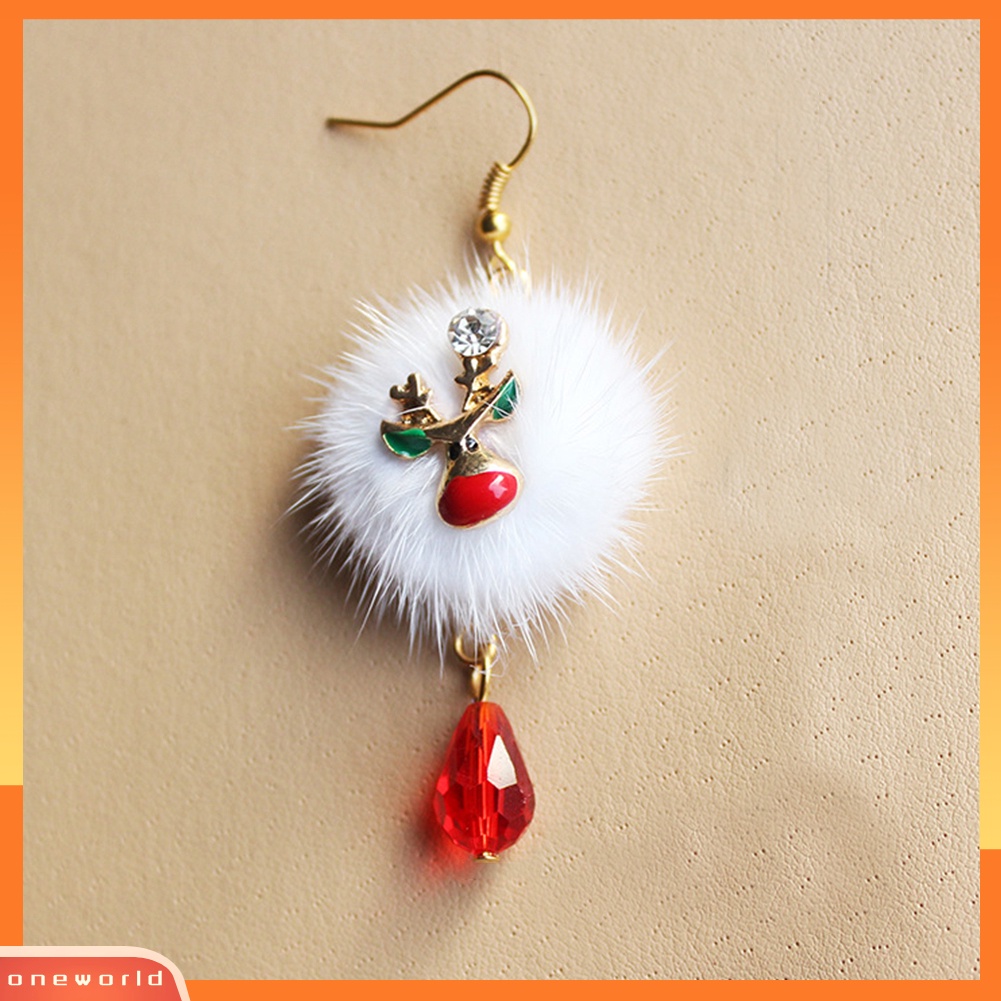 [WOD] Wanita Santa Claus Elk Pompom Berlian Imitasi Menjuntai Kait Anting Xmas Perhiasan Hadiah