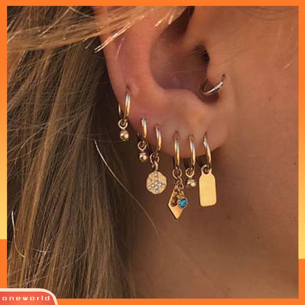 [WOD] 6 Pcs Wanita Fashion Berlian Imitasi Bell Liontin Lingkaran Leaverback Anting Perhiasan