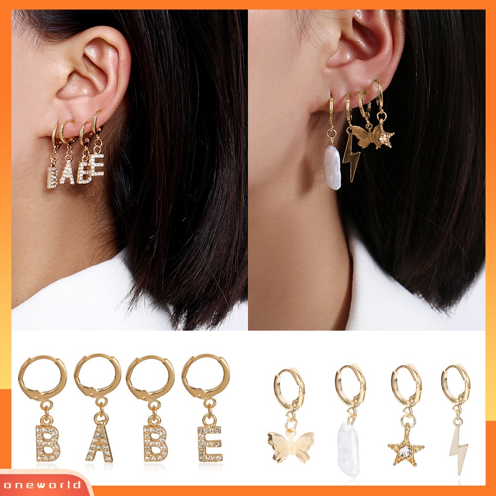 [WOD] 4pcs/set Wanita Berlian Imitasi Huruf Bintang Kupu-Kupu Menjuntai Hoop Earrings Jewelry