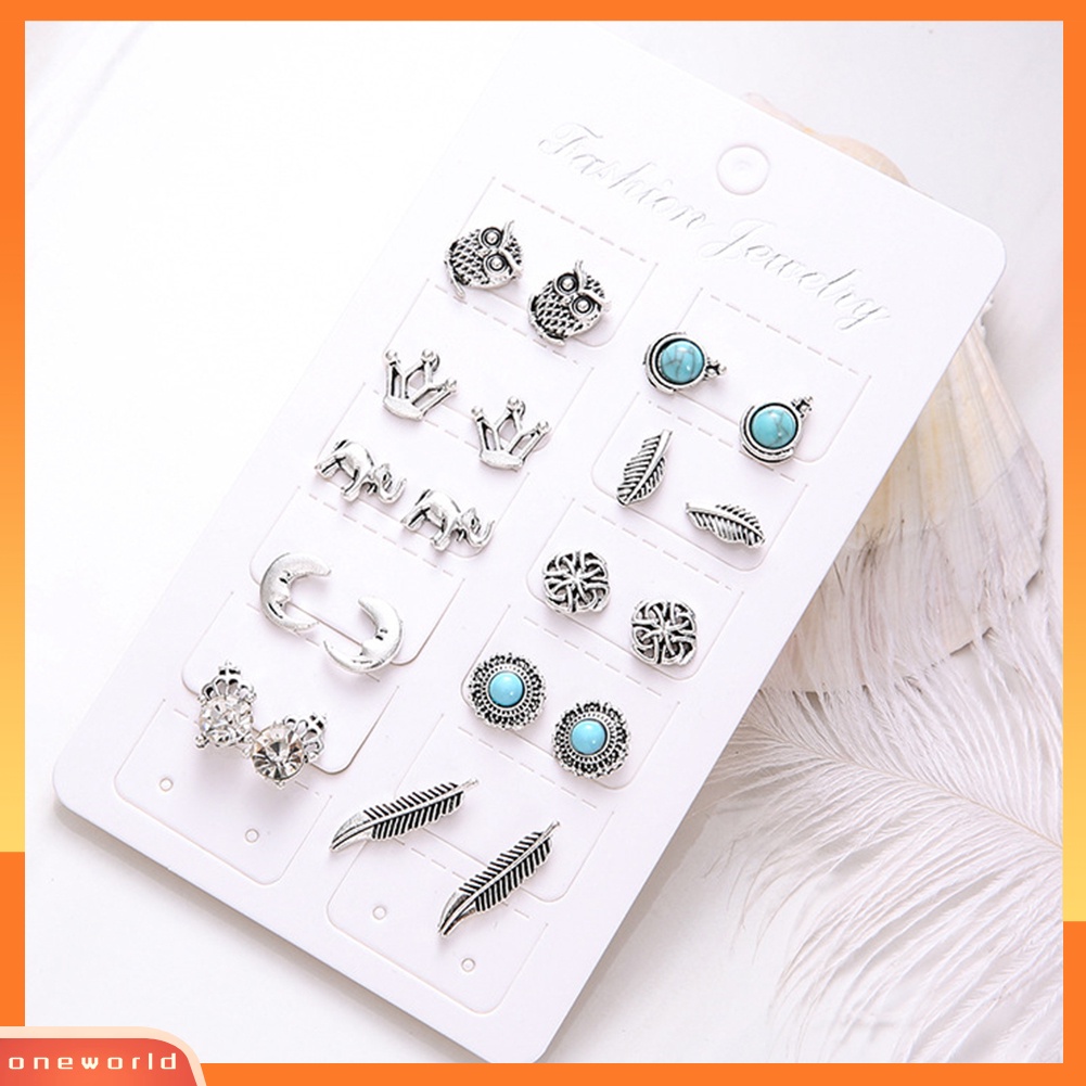 [WOD] 10pasang Wanita Berlian Imitasi Mahkota Gajah Burung Hantu Daun Telinga Studs Earrings Jewelry