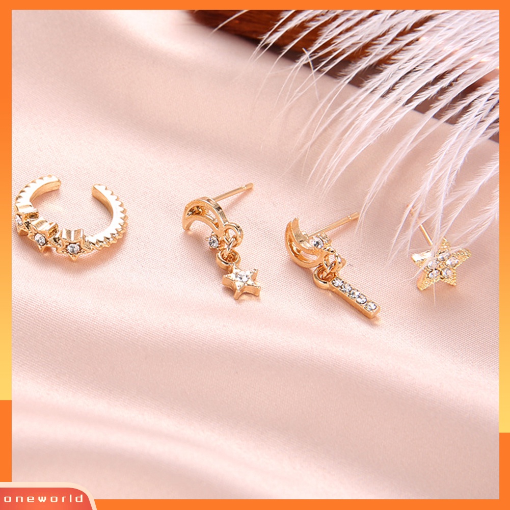 [WOD] 4pcs/set Bohemian Berongga Bulan Bintang Persegi Panjang Pesona Berlian Imitasi Telinga Stud Earrings