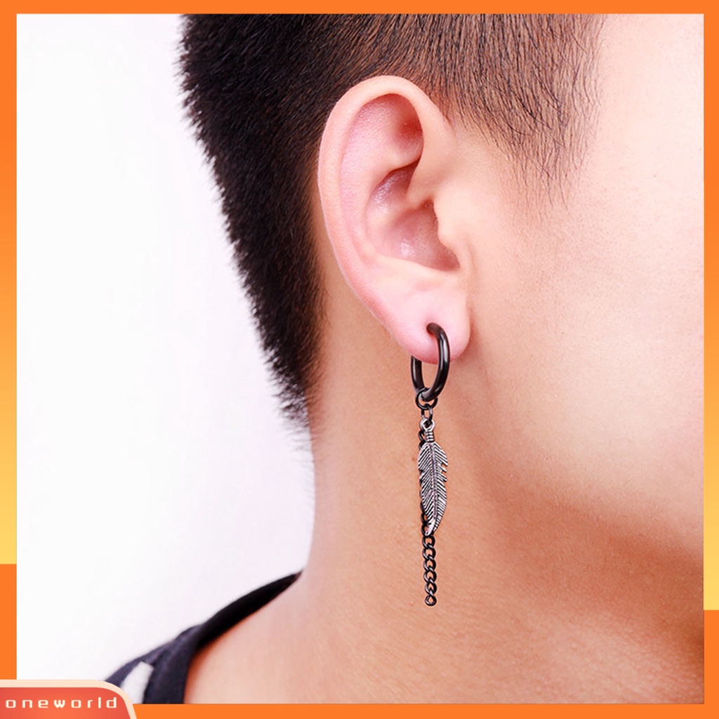 [WOD] 1pcs Fashion Rantai Panjang Klip Telinga Stainless Steel Piercing Loop Hoop Earring Untuk Pria