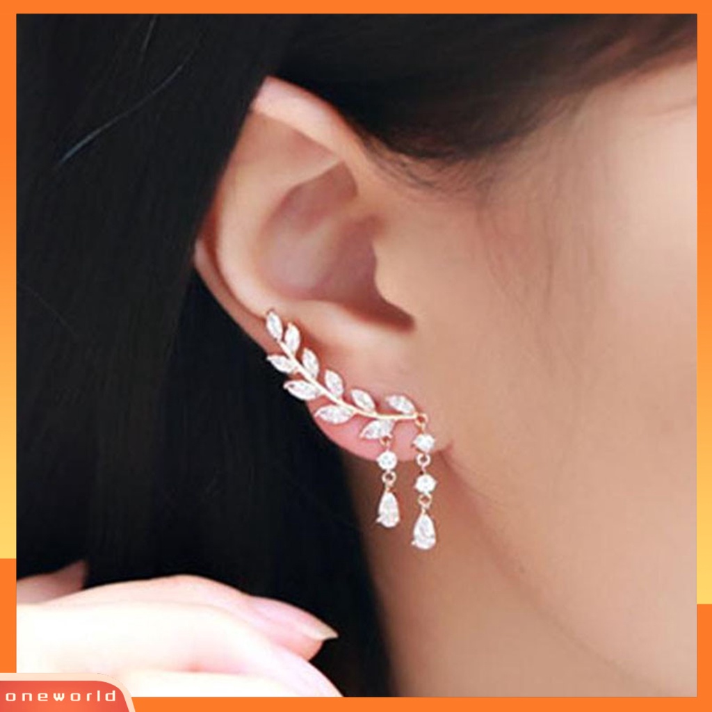 [WOD] Ear Studs Leaf Wanita Elegan Berlian Imitasi Drop Ear Cuff Earrings Untuk Pacaran