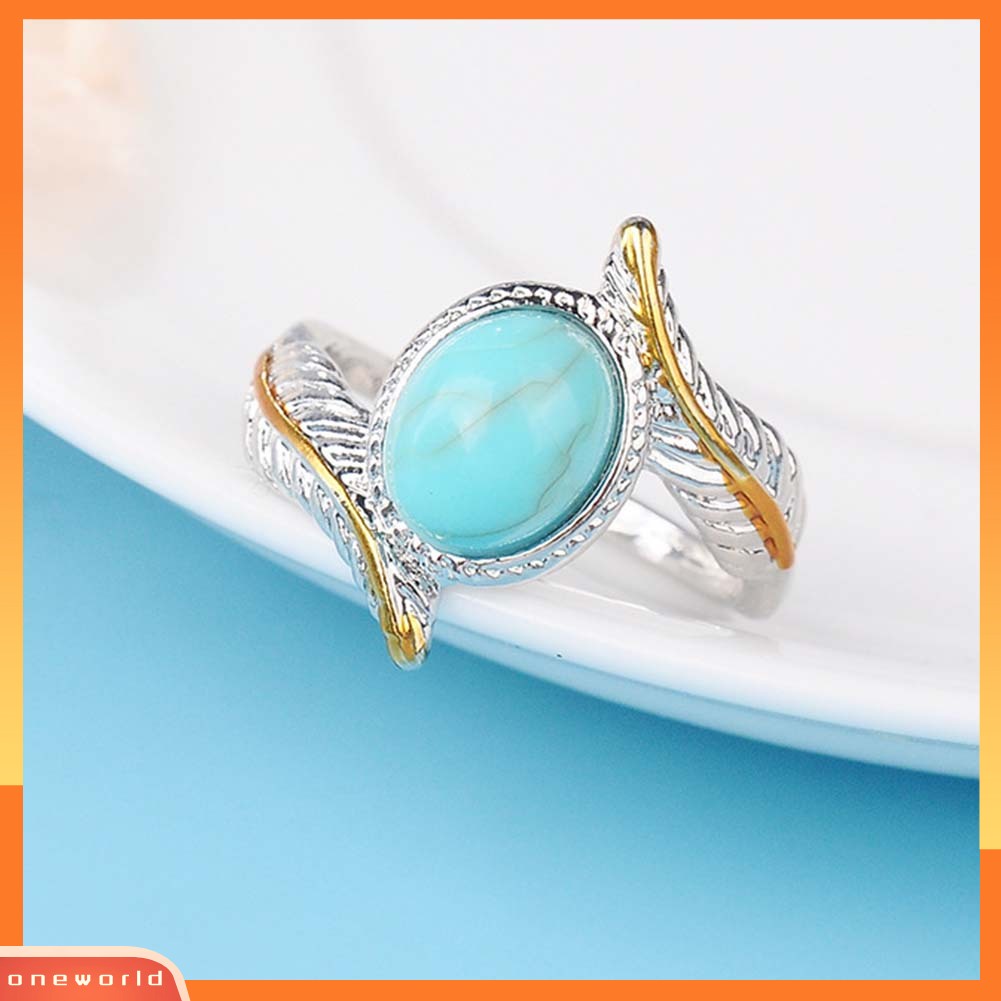 [WOD] Vintage Two Tone Twist Leaf Faux Turquoise Cincin Wanita Pernikahan Pertunangan Perhiasan