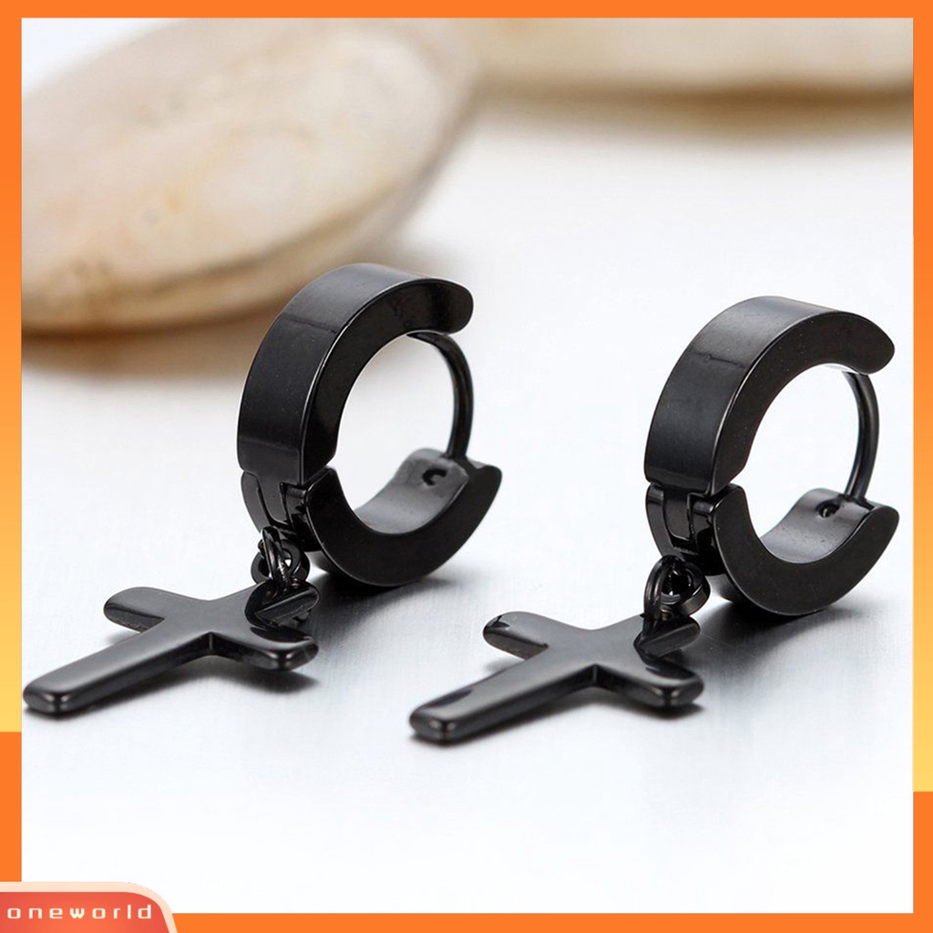 [WOD] 1pasang Ear Dangle Cross Pendant Anting Hoop Berengsel Huggie Stainless Steel Ramah Lingkungan Untuk Pria