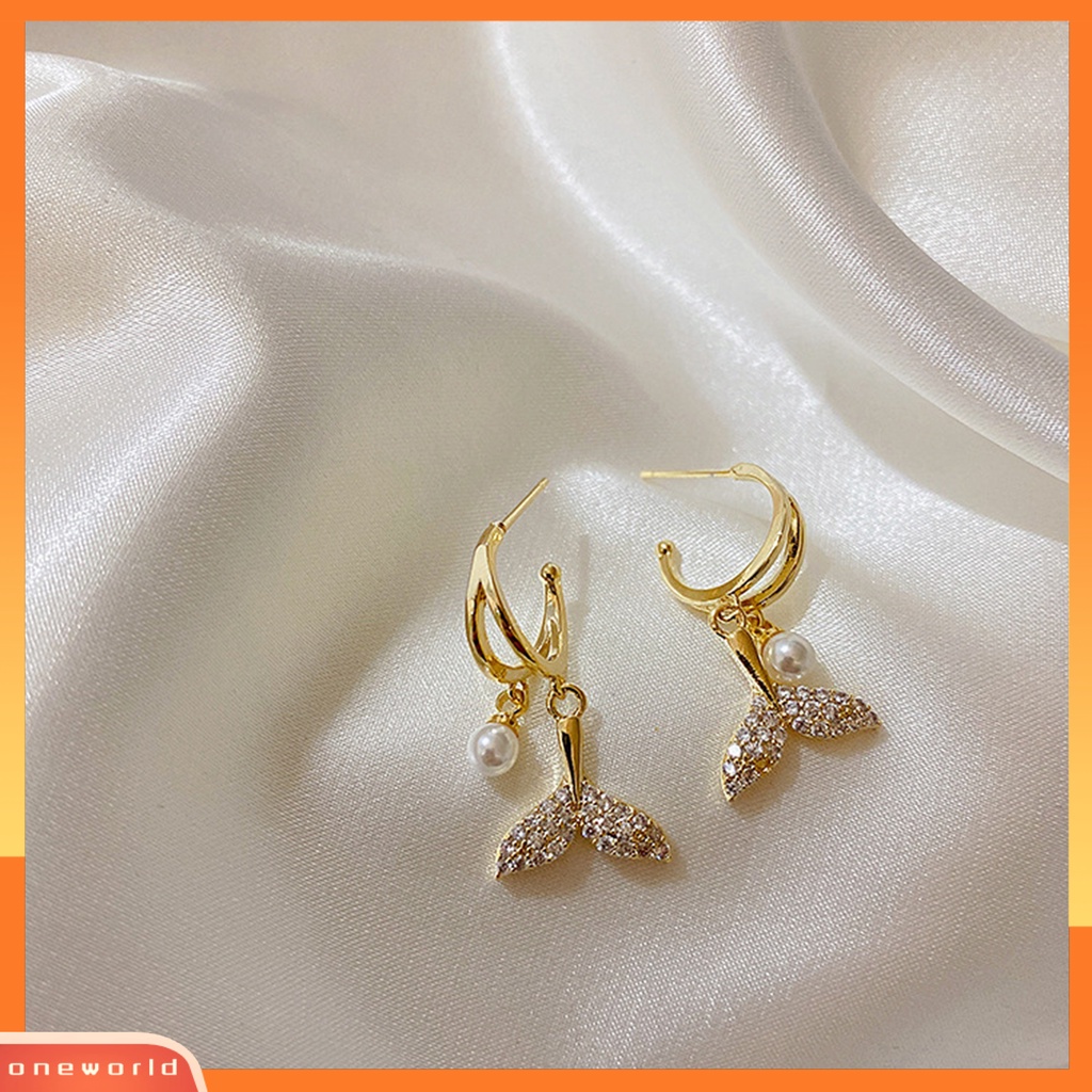 [WOD] 1pasang Drop Earrings Fishtail Faux Pearl Alloy Vintage Cubic Zirconia Anting Menjuntai Untuk Pesta Cocktail