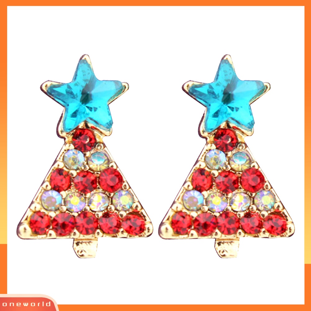 [WOD] Mode Pohon Natal Multicolor Berlian Imitasi Ear Stud Earrings Perhiasan Aksesori