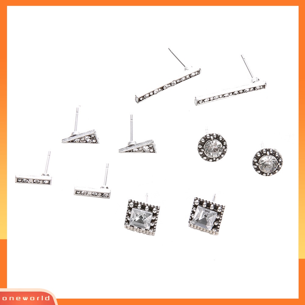 [WOD] 5pasang Boho Wanita Berlian Imitasi Kotak Bulat Persegi Panjang Segitiga Stud Earrings Set
