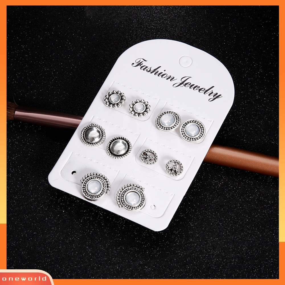 [WOD] 5pasang Faux Opal Hias Retro Wanita Bulat Telinga Studs Set Pesta Anting Perhiasan