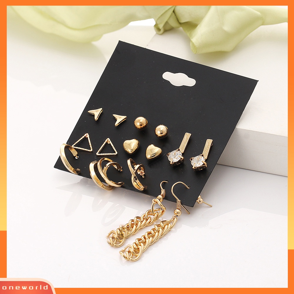 [WOD] 9pasang Fashion Wanita Berlian Imitasi Hati Bentuk Segitiga Ear Stud Hook Earrings