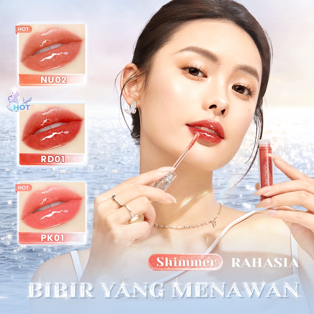 Focallure GlowySparkle Moisturizing Liptint Glossy Watery Lipstick Plumpy Nourishing Long-lasting Lip Tint High Shine Shimmer Glitter Tinted Lipstick Silicone Brush Head