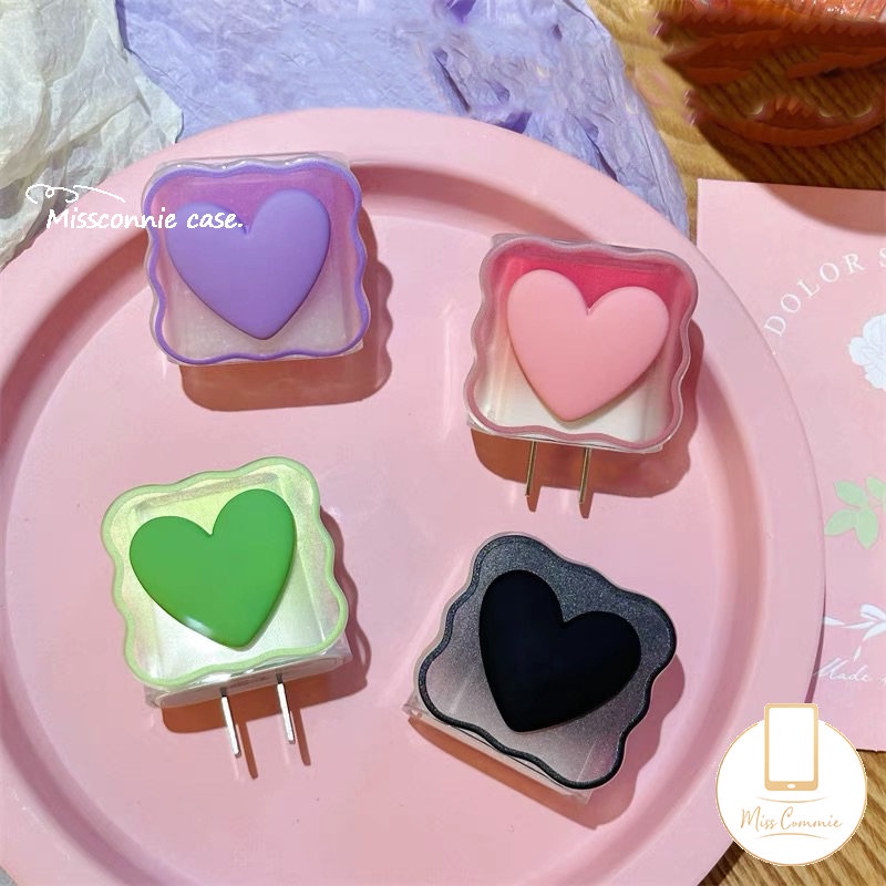 Cute 3D Permen Macaron Color Gradient Love Heart Wavy Edge 5in1 Charger Protector Set Kompatibel Untuk Apple 18/20W Adaptor Charger Dengan Penutup Pelindung Gigitan Kabel