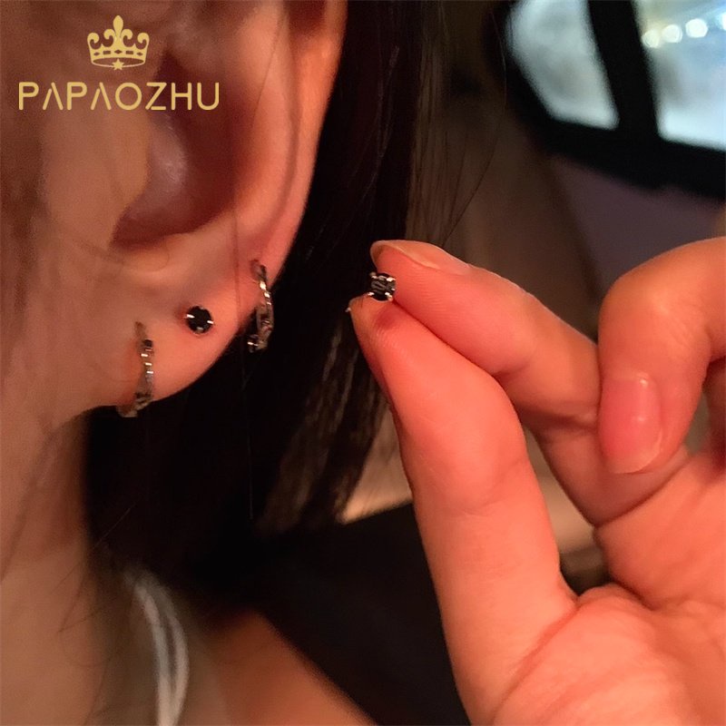 Papaozhu 4 Pcs Korea Mungil Hitam Kubus Zirkon s925 Perak Memutar Lingkaran Hoop Anting Untuk Wanita Gadis Elegan Geometris Bulat Anting-Anting Set Fashion Telinga Perhiasan Aksesoris