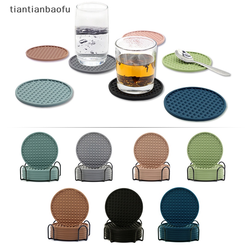 [tiantianbaofu] Set 6pcs Tatakan Gelas Silikon Untuk Minuman Alas Gelas Bulat Dua Sisi Dengan Holder Stand Jar Gripper Pads Dengan Deep Grooved gass Boutique