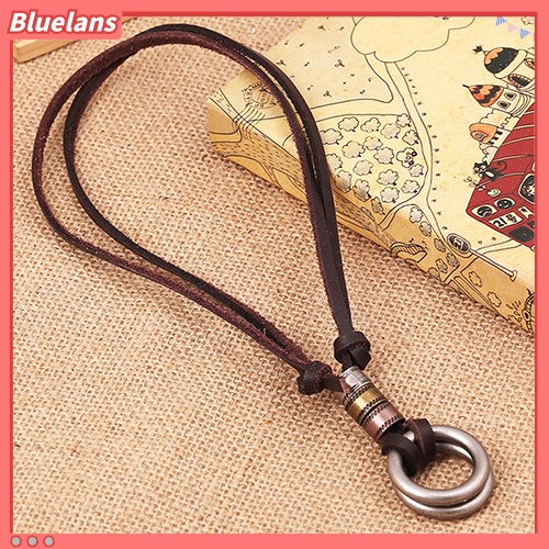 [BLS] Fashion Pria Retro Faux Leather Cord Double Circle Cincin Liontin Kalung Hadiah