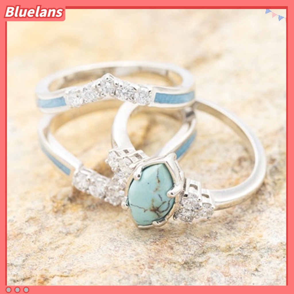 [BLS] 3pcs /Set Cincin Wanita Set Batu Pirus Imitasi Indah Mata Kucing Wanita Circlet Set Untuk Hadiah