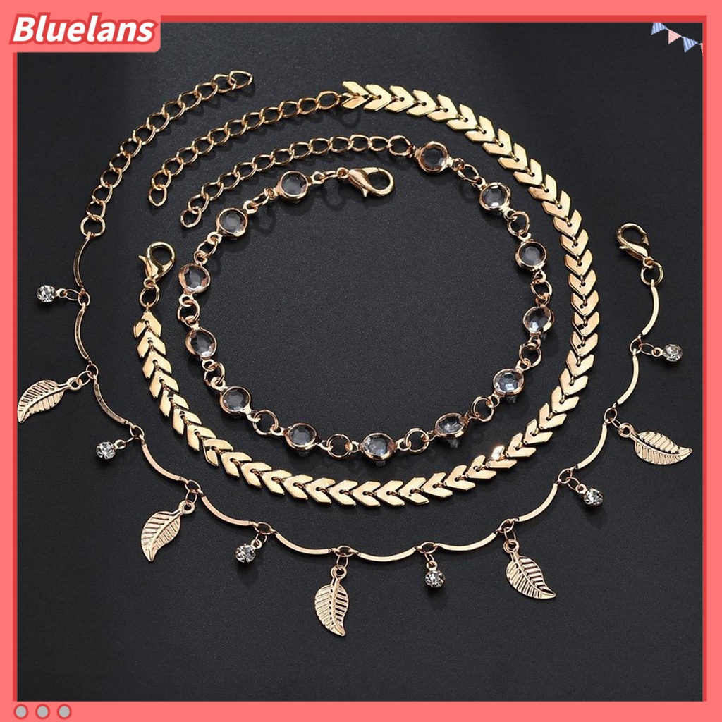 [BLS] Gelang Kaki Wanita Multilayer Perhiasan Daun Electroplating Faux Pearls Foot Bracelet Untuk Pantai