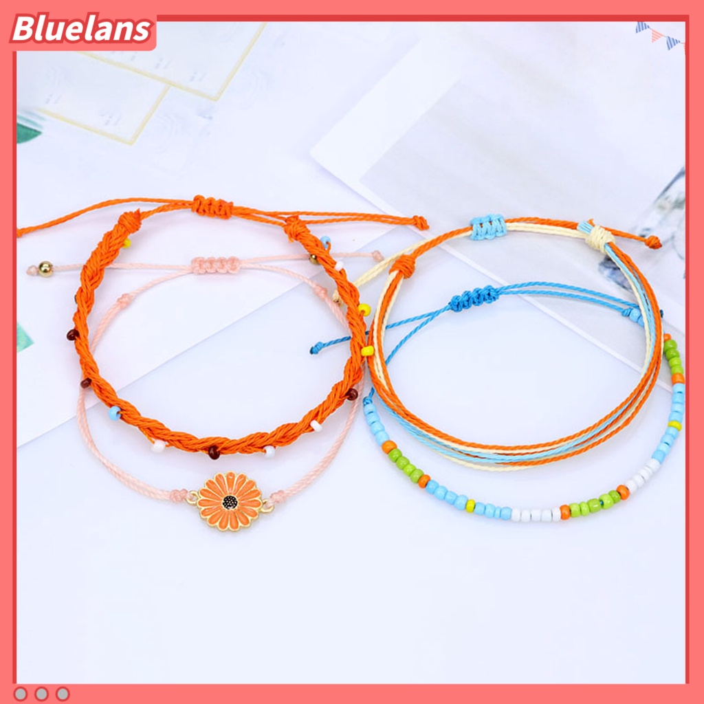 [BLS] 4pcs Wanita Gelang Gaya Bohemian Paduan Tahan Air Tenun Tangan Gelang Braided Bangle Dengan Liontin Set Hadiah Ulang Tahun