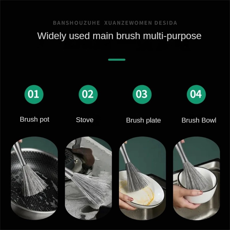 Sikat Panci Stainless Steel High Quality304/Sikat Pembersih Kawat Baja Dekontaminasi Gagang Panjang/Dapur Serbaguna Tidak Melukai Panci Brush Bowl Cleaning Tools