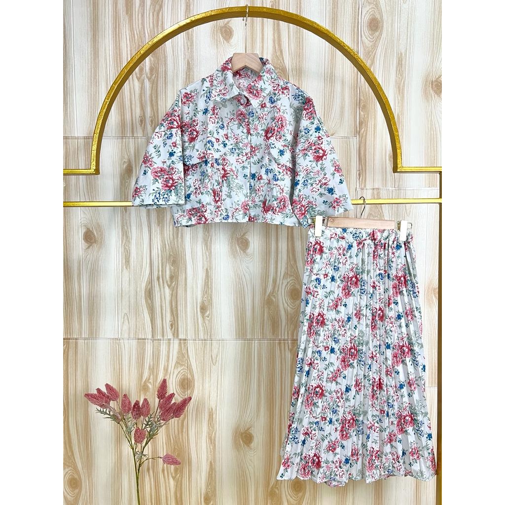 BEFAST - ZSO ONESET NANA / One Set Wanita Nature Korean Vintage Kemeja Crop &amp; Rok Midi Plisket / ONE SET BAJU WANITA FLORAL NATUR / SET FUJI Setelan Kekinian Remaja ABG Trendy / Oneset Wanita Casual Keluaran Terbaru / Set Atasan Kem Crop+Rok Midi Terlaris