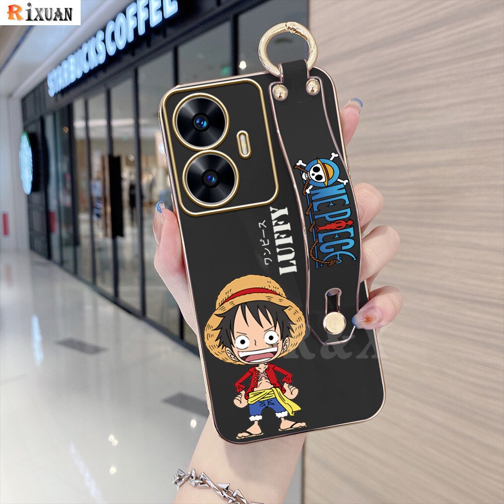 Realme C55 C33 C30 C35 C21Y C25Y C31 Realme10 5i 6i C11 2021 C15 C12 C25 C20 C2 Narzo 50A Kartun Anime Luffy Mewah Lapis Chrome Lembut TPU Square Phone Case Dengan Gelang RIXUAN