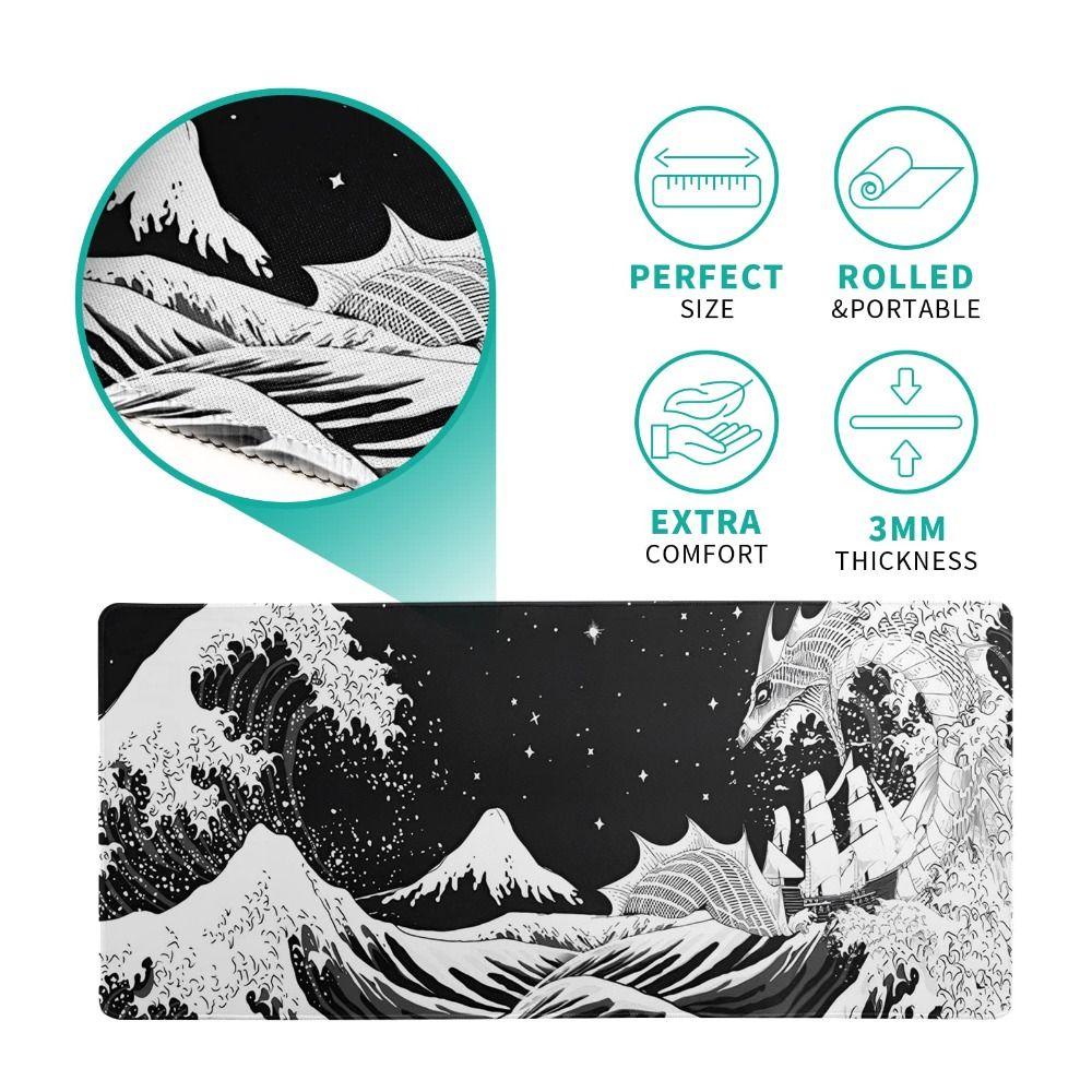 Mouse Pad Populer Gaming Jepang Non-Slip Alas Meja Laut Hitam Dan Putih Besar