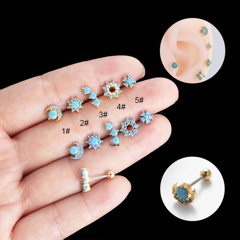 1biji Biru Buatan Batu Helix Traugs Piercing 20Gauge Stainless Steel Barbel Anting Stud Bentuk Bulan