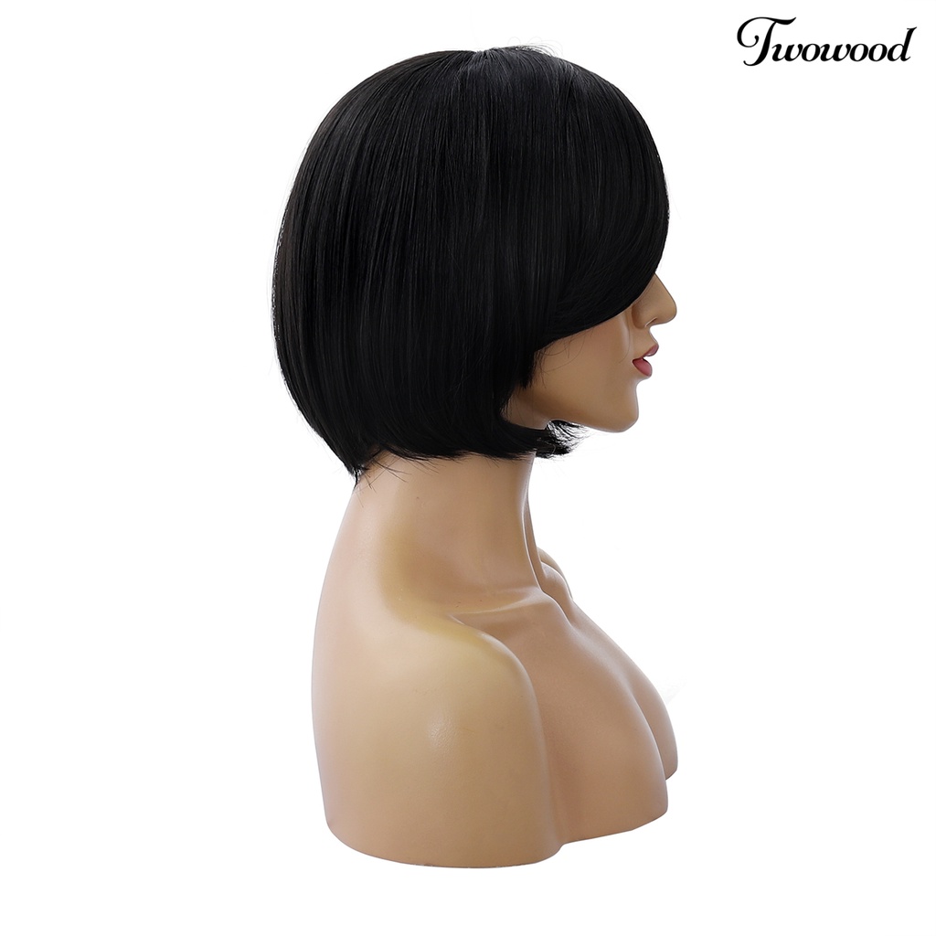 Twowood Wanita Fashion Miring Frisette Pendek Hitam Lurus Pesta Cosplay Rambut Ekstensi Wig