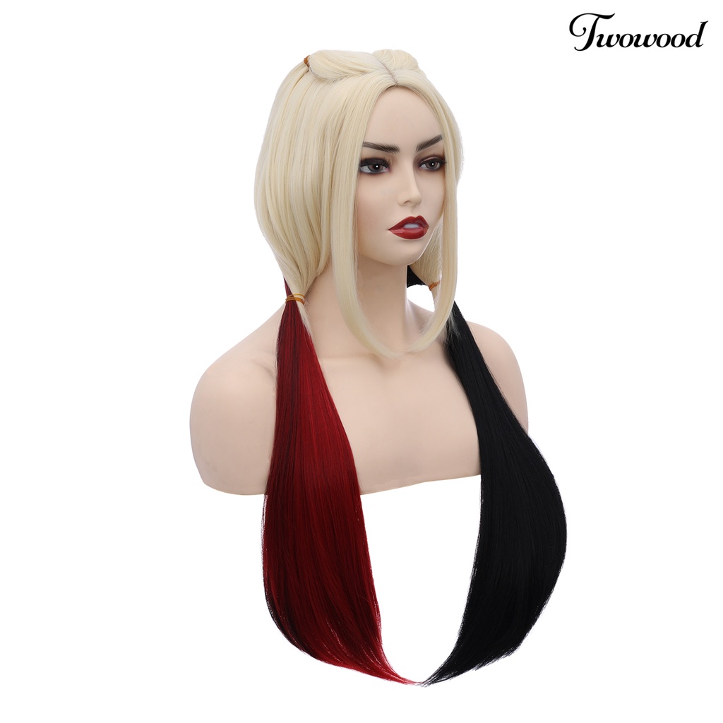 Twowood Cosplay Wig Halus Hitam Merah Putih Lembut Tahan Panas Kostum Rambut Sintetis Lurus Panjang Untuk Pesta Bertema