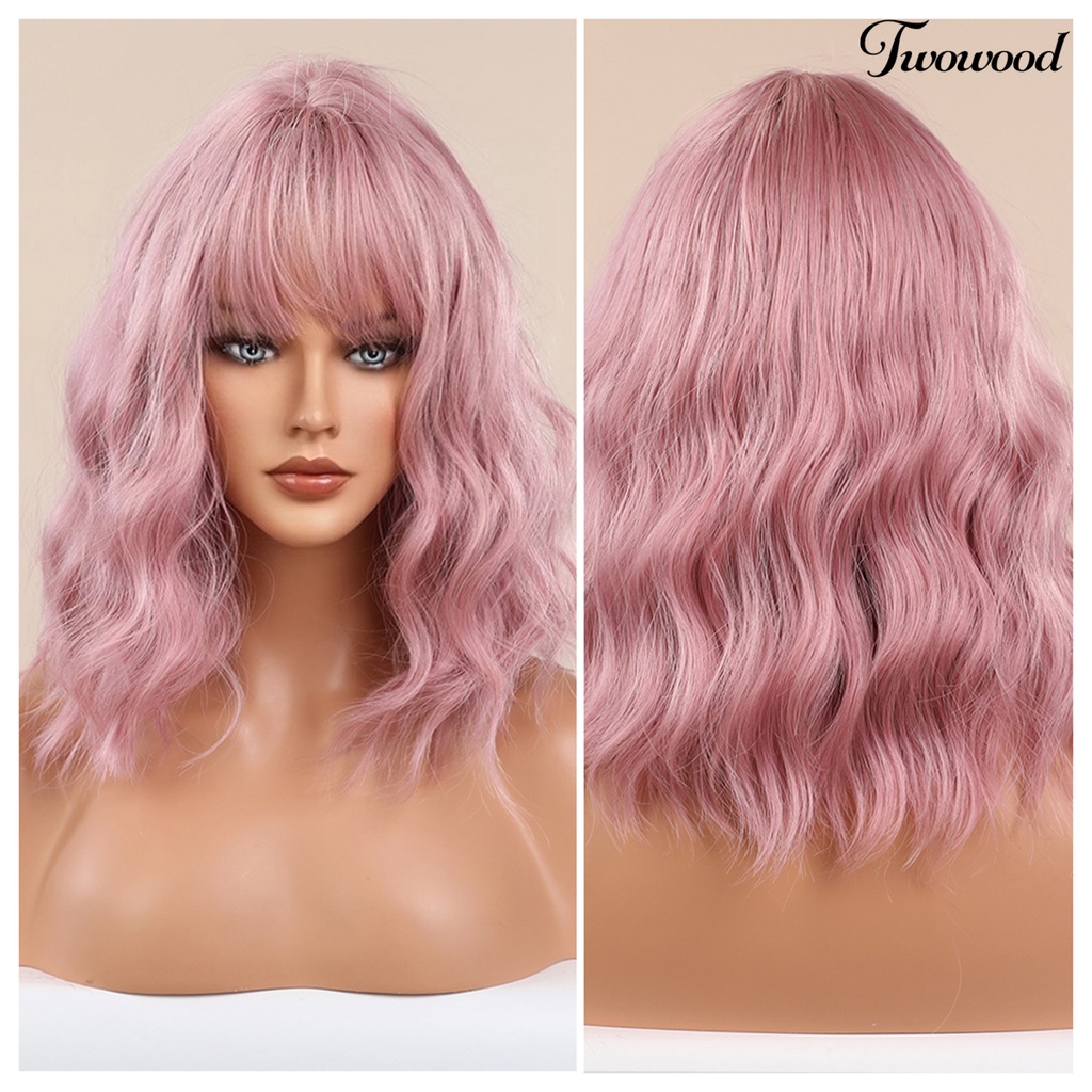 Twowood Cosplay Wig Universal Halus Ringan Pink Head Air Bangs Medium Long Curly Hair Wig Untuk Pesta