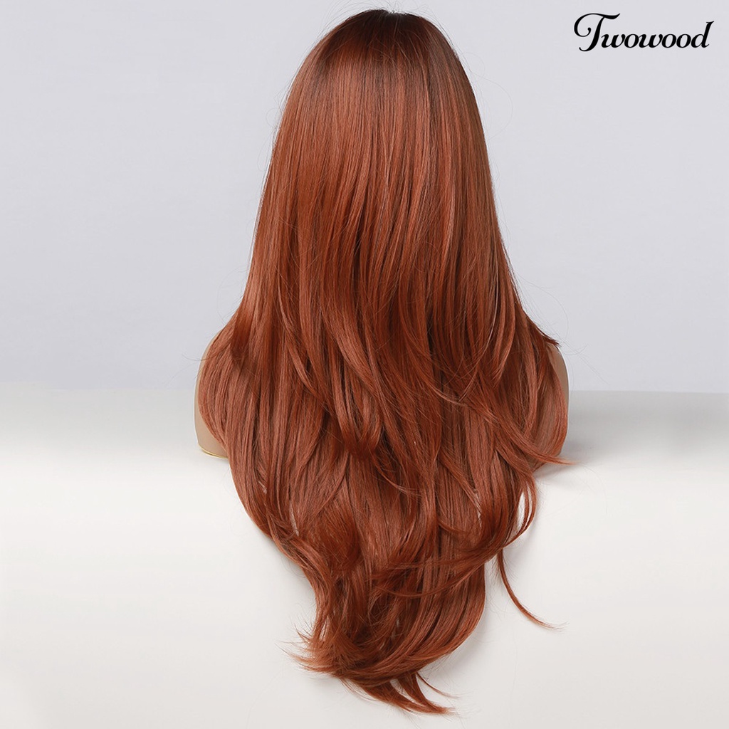 Wig Cosplay Twowood Dyed Halus Ringan Merah-Coklat Wig Poni Miring Lurus Panjang Untuk Kehidupan Sehari-Hari