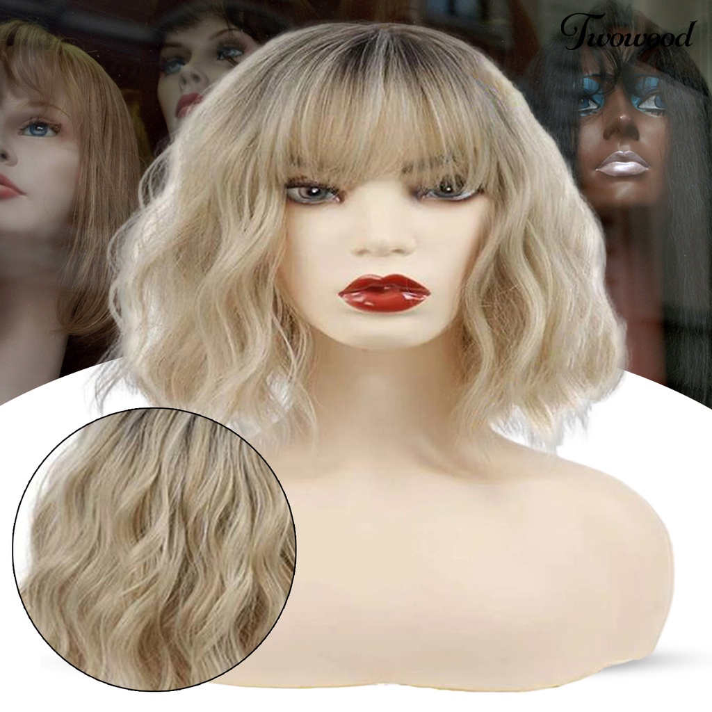 Twowood Water Ripple Wig Fashion Lembut Berbulu Mudah Dipakai Tahan Panas Alat Kosmetik Suhu Tinggi Silk Air Bangs Curly Wig Rambut Pendek Untuk Kehidupan Sehari-Hari