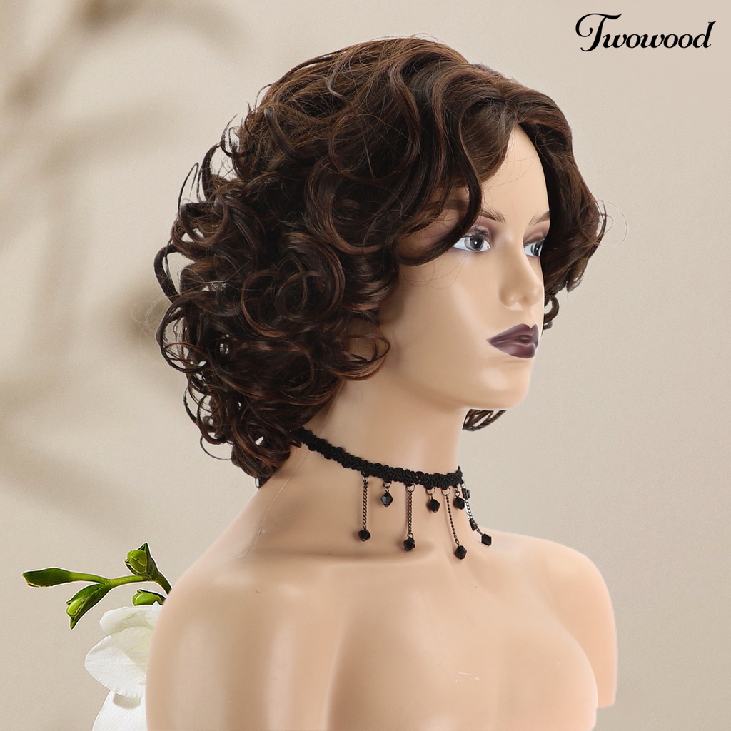 Twowood Wig Serat Kimia Sentuhan Kulit Nyaman Dipakai Berbulu Realistis Trendi Berdandan Suhu Tinggi Sutra Perempuan Coklat Pendek Keriting Wig Untuk Lady