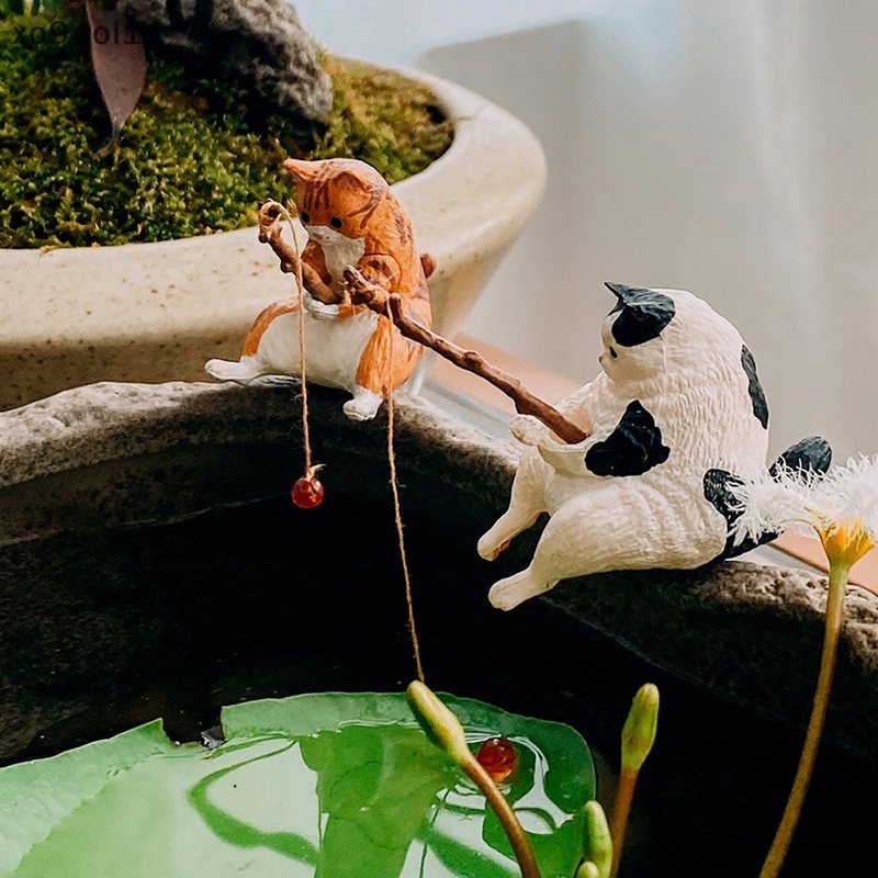 Xo Ornamen Kucing Pancing Dekorasi Aquarium Lansekap Ikan Patung Kucing Kartun OL