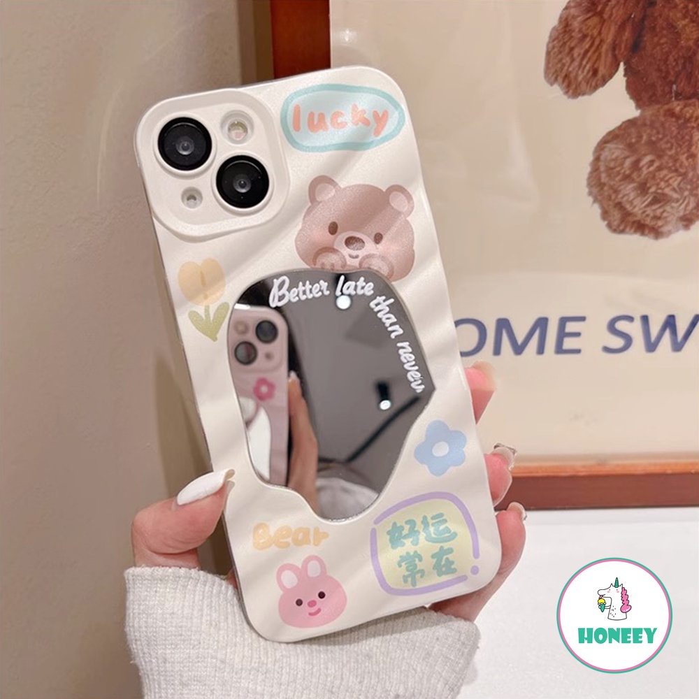 IPHONE Kartun Lucu Beruang Kelinci Cermin 3D Gelombang Case Kompatibel Untuk Iphone13 14 11 12 Pro Max Kamera Lensa Film Cover Pelindung