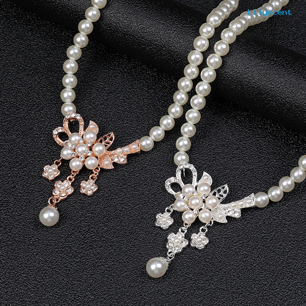 [LS]1 Set Wanita Kalung Manik-Manik Glossy Mutiara Imitasi Berlian Imitasi Tertanam Bunga Pengantin Kalung Stud Anting Kit Pernikahan Perhiasan