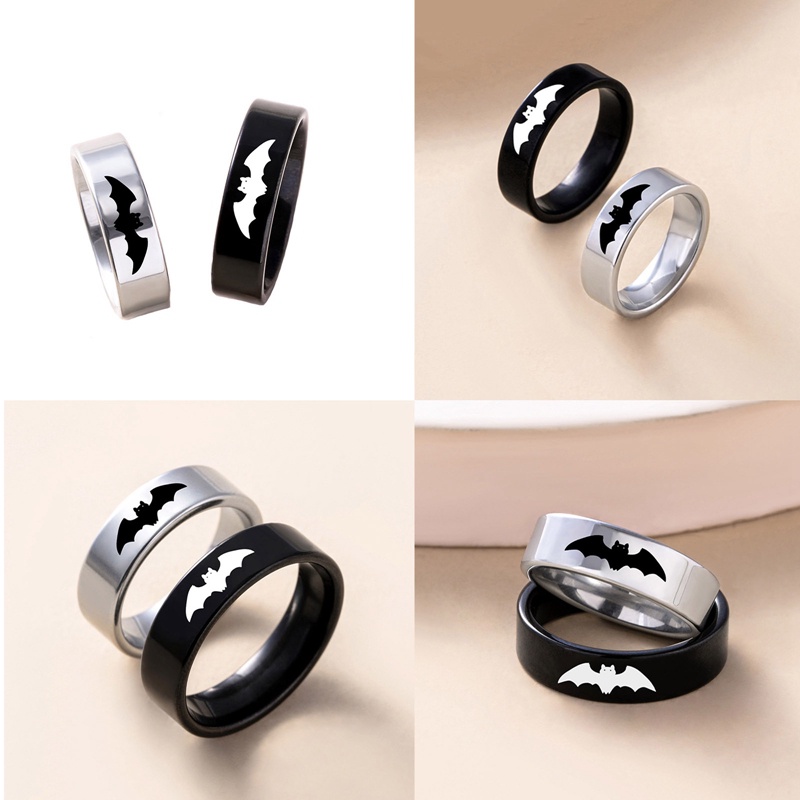 Cincin Pasangan Pola Kelelawar Unisex Stainless Steel Hadiah Perhiasan Fashion Untuk Pecinta