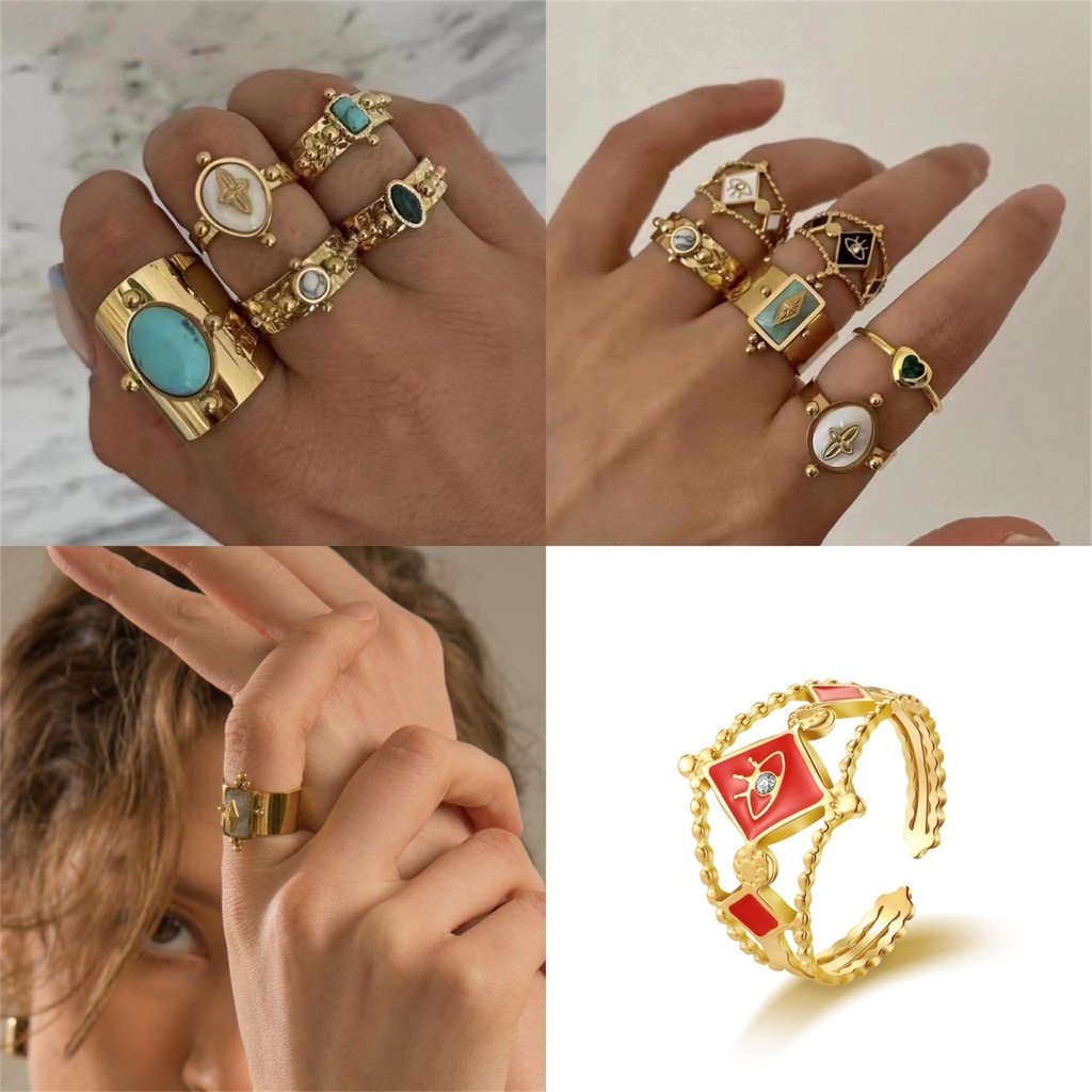 1 Pc Kreatif Retro Batu Alam Cincin Baja Titanium Fashion Emas Bertepi Lebar Terbuka Rings Perhiasan Untuk Pria Wanita