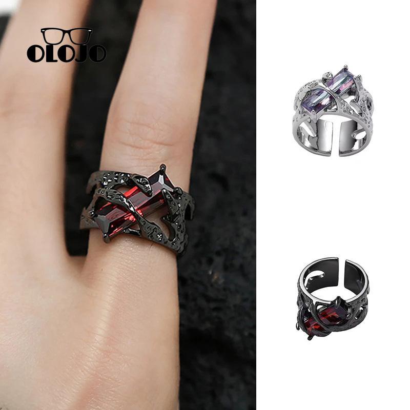 [Olojogrosiroriginal Desain Retro Merah Geometris Cincin Kepribadian Perempuan Punk Tekstur Berongga Cincin Logam