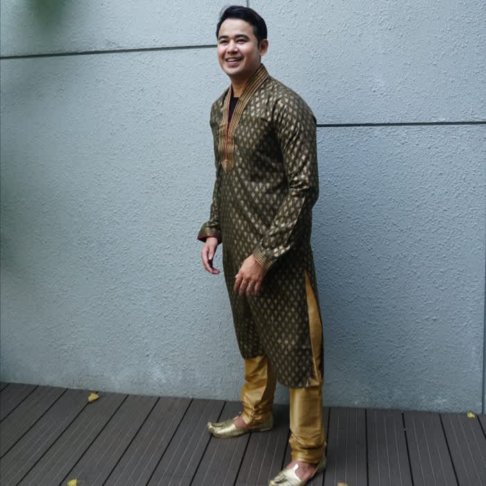 Baju Kurta Katun Linen Gold Print/Kurta India/Gamis Cowok